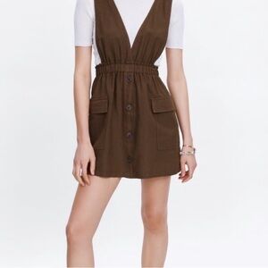 Zara Boho Brown Linen Blend Pinafore Cargo Mini Dress Small